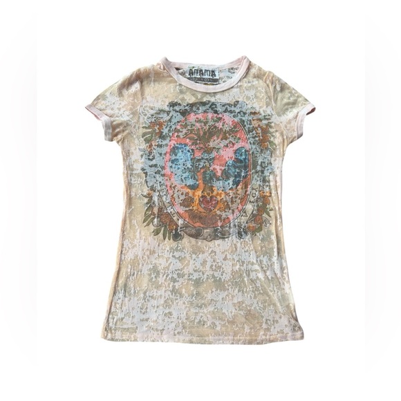 Vintage Y2K Amana Cream Pink Distressed Graphic Tee Sz Medium Grunge Rare - Picture 1 of 6